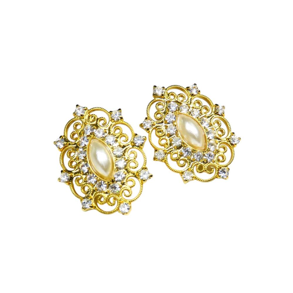 Vintage Gold & Pearl Earrings with Rhinestones Retro Glam Grandmacore Royalty